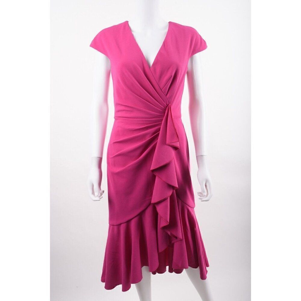 Tadashi Shoji Womens Senara Ruffle Dress Midi Gown S Fuchsia Pink NWD DEFECT